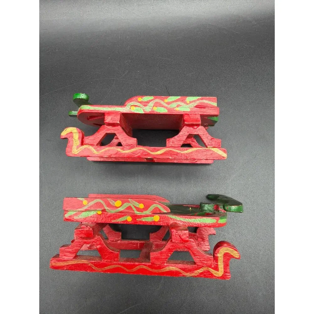 Vintage Miniature Wood Sled Christmas Ornaments Pair Hand Painted Red Green 4”